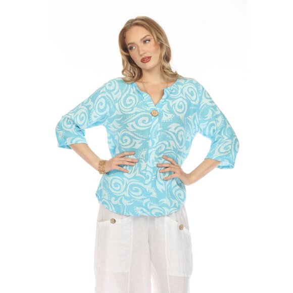 Ocean Blue Spiral Print V-Neck Button Detail Top - Picture 8 of 11